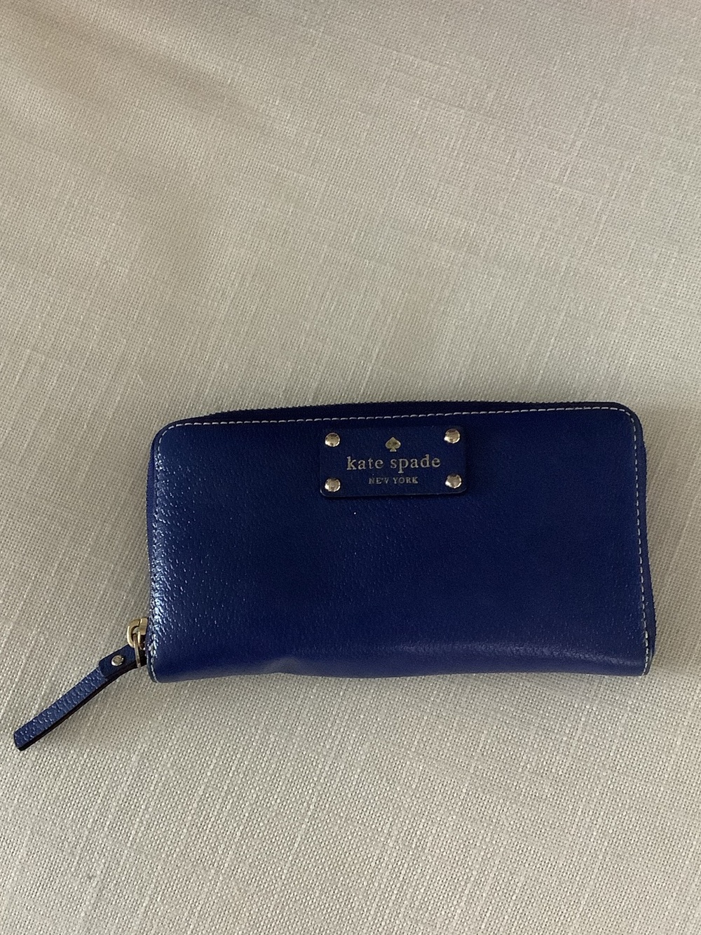 Kate Spade Cobalt Blue Leather Zip Around Wallet Gold Polka Dot
